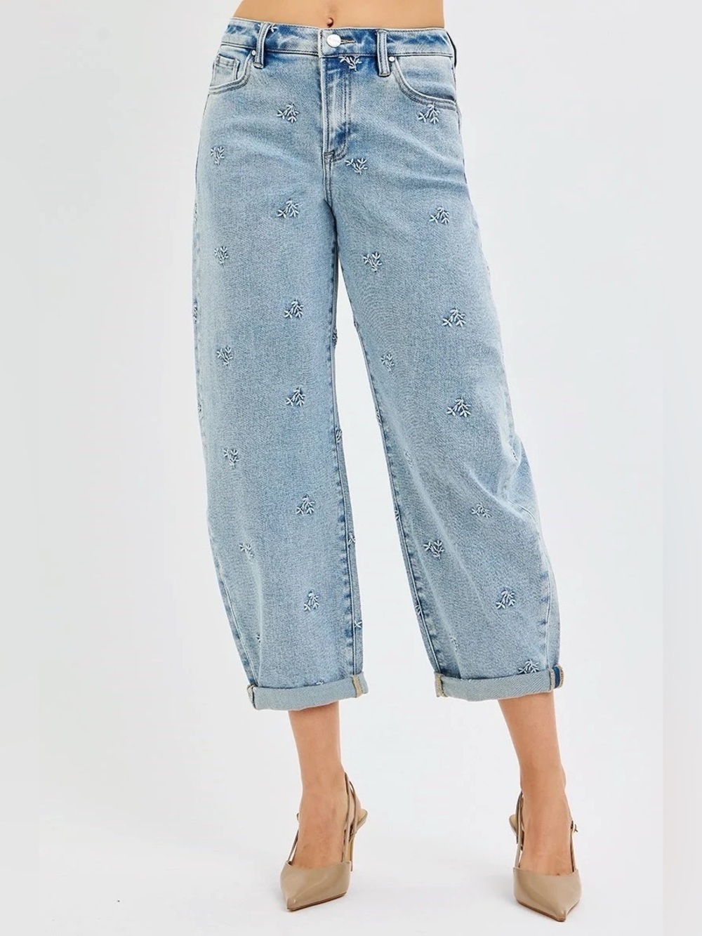 PGA21327X LIGHT PLUS Risen High Rise Leaf Embroidered Detailed Barrel Jeans